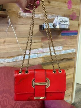 Red Mini Shoulder Bag with Gold Chain and Buckle Detail
